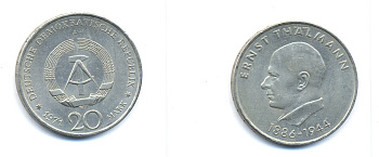 ГДР 20 марок 1971 A, 85 лет со дня рождения Эрнста Тельмана KM 34, J. 1535 медно-никель 3333-542