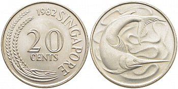 СИНГАПУР 20 ЦЕНТОВ 1982 ГОЛУБОЙ МАРЛИН, ТУНЕЦ KM 4 медно-никель UNC 3856-1034