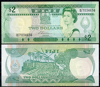 Фиджи 2 доллара ND (1988) Елизавета II (1952-2022), комбайн для уборки сахарного тростника Pick 87 a  бумага  UNC (пресс) 449-15-3