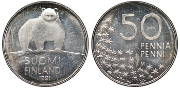 Финляндия 50 пенни 1991 M, полярный медведь KM 66 медно-никель 3334-1219