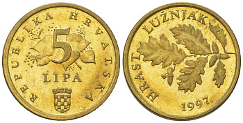 Хорватия 5 лип 1997 нечетный год KM 5 сталь плакированная латунью  UNC  4124-727