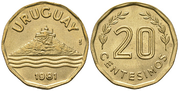 Уругвай 20 сентесимо 1981  KM 67, Schoen 49, SA 122 алюминиевая бронза  UNC  4448-256