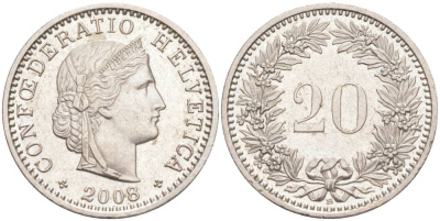 ШВЕЙЦАРИЯ 20 РАППЕНОВ 2008 В KM 29a медно-никель 55-1047