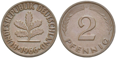 ФРГ 2 пфеннига 1966 D KM 106, J. 381 бронза 4181-746