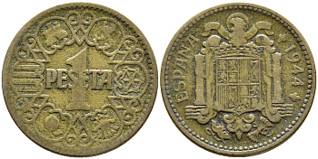 ИСПАНИЯ 1 ПЕСЕТА 1944 НАЦИОНАЛЬНОЕ ПРАВИТЕЛЬСТВО (1939-1947) KM 767 алюминиевая бронза 4393-222