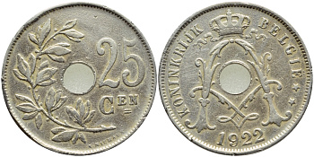 БЕЛЬГИЯ 25 САНТИМОВ 1922 BELGIE KM 69 медно-никель 86-1017