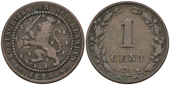 Нидерланды 1 цент 1880 Виллем III (1849-1890) KM 107 бронза 4576-553