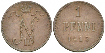 РОССИЯ ДЛЯ ФИНЛЯНДИИ 1 ПЕННИ 1915 НИКОЛАЙ II KM 13, Биткин 475 медь 261-1156
