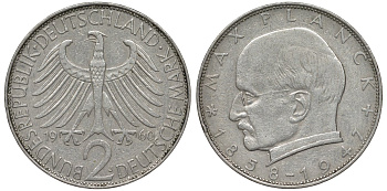 ФРГ 2 марки 1960 J, Макс Планк KM 116, J. 392 медно-никель плакированный никелем 72-311