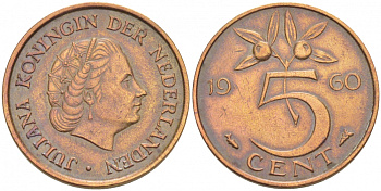НИДЕРЛАНДЫ 5 ЦЕНТОВ 1960 ЮЛИАНА KM 181 бронза 3718-353