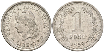 Аргентина 1 песо 1959 голова свободы влево KM?57 сталь плакированная никелем 4364-426