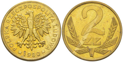 Польша 2 злотых 1980 MW KM 80.1, Parchimowicz 217g латунь UNC 4147-156