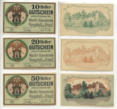 Австрия набор из 3 банкнот 1920 до 31 декабря 1920, нотгельд, 10, 20, 50 геллеров, PURGSTALL am der ERLAUF   бумага  aUNC  7555-12-3-2