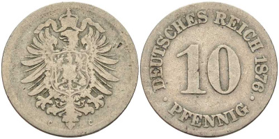 ГЕРМАНИЯ 10 ПФЕННИГОВ 1876 C, СТАРОГЕРБОВКА KM 4, J. 4 медно-никель 4401-257
