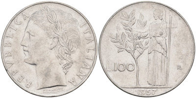 Италия 100 лир 1957 R, Афина в доспехах KM 96.1 нержавеющая сталь 4683-443