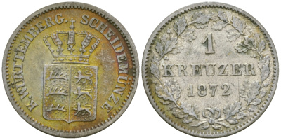 Вюртемберг 1 крейцер 1872 Карл I (1864-1891) KM 612, Jaeger 82, AKS 128 серебро 99-821