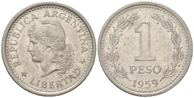 Аргентина 1 песо 1959 голова свободы влево KM?57 сталь плакированная никелем 4364-426