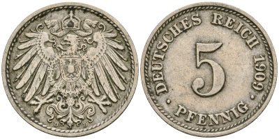 Германия 5 пфеннигов 1909 D, KM 11, J. 12 медно-никель 4608-851