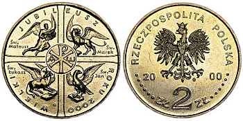 Польша 2 злотых 2000 MW, великий юбилей 2000, миллениум KM 376 нордик UNC 4153-1045
