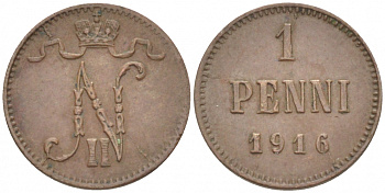 РОССИЯ ДЛЯ ФИНЛЯНДИИ 1 ПЕННИ 1916 НИКОЛАЙ II (1895-1917) KM 13, Биткин 476 медь 211-1028