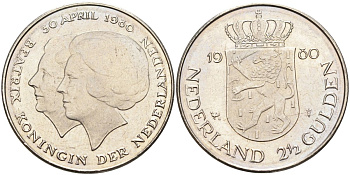 Нидерланды 2 1/2 гульдена 1980 коронация Беатрикс, 30 апреля 1980 KM 201 никель 4593-612