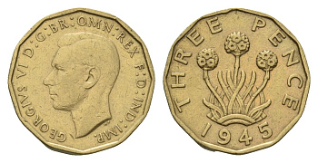 Великобритания 3 пенса 1945 Георг VI (1936-1952) KM 849, Spink 4112 никель латунь 4121-517