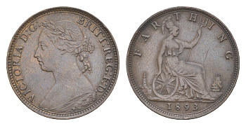 Великобритания 1 фартинг 1893 Виктория (1837-1901) KM 753, Spink 3958 бронза 4630-163