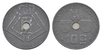 Бельгия 10 сантимов 1944 Belgie - Belgique, Леопольд III (1934-1947), германская оккупация, Вторая мировая война KM 126 цинк 4639-122
