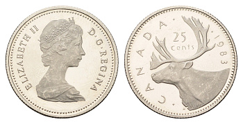 Канада 25 центов 1983 Елизавета II (1952-2022), олень KM 74 никель PROOF 633-1242