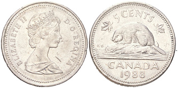 Канада 5 центов 1988 Елизавета II, бобер KM 60.2a медно-никель 4611-524