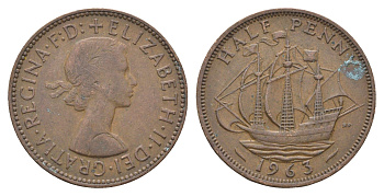 Великобритания 1/2 пенни 1963 Елизавета II (1952-2022) KM 896, Spink 4158 бронза 4662-1217