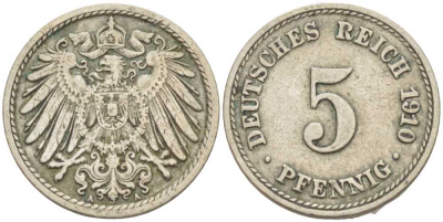 Германия 5 пфеннигов 1910 A KM 11, J. 12 медно-никель 105-143