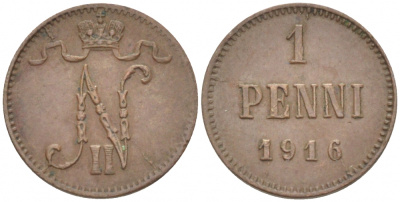 РОССИЯ ДЛЯ ФИНЛЯНДИИ 1 ПЕННИ 1916 НИКОЛАЙ II (1895-1917) KM 13, Биткин 476 медь 211-1028