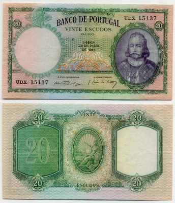 ПОРТУГАЛИЯ 20 ЭСКУДО 1954 25.05.1954, Антонио Луис Менезес Pick 153a бумага 8564-2-4