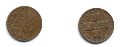 ПОРТУГАЛИЯ 20 СЕНТАВО 1960 KM 584 бронза 4379-835