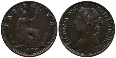 Великобритания 1 фартинг 1879 Виктория (1837-1901) KM 753, Spink 3958 бронза  1518-1115