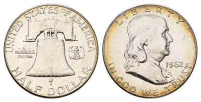 США 1/2 доллара (50 центов) 1962 Бенджамин Франклин, колокол KM 199 серебро aUNC 1527-242