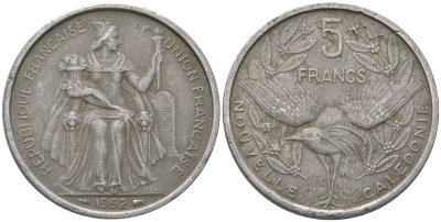 Французская Новая Каледония 5 франков 1952 птица кагу, (IEOM) KM 4, Schoen 4, Lec 71 алюминий 179-225