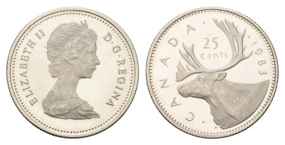 Канада 25 центов 1983 Елизавета II (1952-2022), олень KM 74 никель PROOF 633-1242