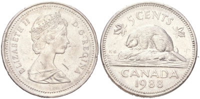 Канада 5 центов 1988 Елизавета II, бобер KM 60.2a медно-никель 4611-524