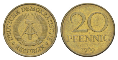 ГДР 20 пфеннигов 1969 А, первый год KM 11 латунь aUNC 4647-817