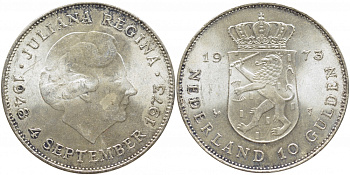 Нидерланды 10 гульденов 1973 25 лет правления королевы Юлианы KM 196 серебро 3896-1211