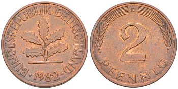 ФРГ 2 ПФЕННИГА 1982 D KM 106а, J. 381а сталь плакированная сталь плакированная медьюю 4181-845
