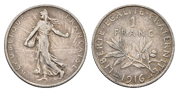 Франция 1 франк 1916 KM 844 серебро 93-246