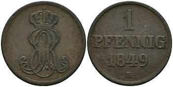 Ганновер 1 пфенниг 1849 B, Эрнст Август (1837-1851) KM 201.1, AKS 129, J. 74 медь 4608-1025