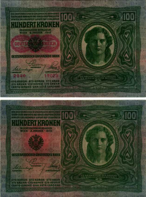 Австрия 100 крон 1912 (1919) красная надпечатка на Pick 12, на аверсе Pick 56 a бумага 6312-68-1-2