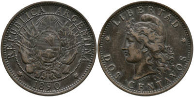 Аргентина 2 сентаво 1890 голова свободы влево KM 8 бронза 4531-925