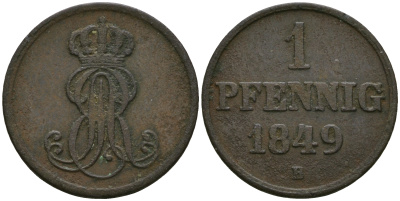 Ганновер 1 пфенниг 1849 B, Эрнст Август (1837-1851) KM 201.1, AKS 129, J. 74 медь 4608-1025