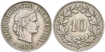 ШВЕЙЦАРИЯ 10 РАППЕНОВ 1926 В KM 27 медно-никель 3309-368