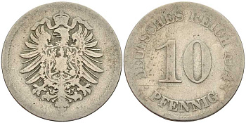 ГЕРМАНИЯ 10 ПФЕННИГОВ 1874 B, СТАРОГЕРБОВКА KM 4, J. 4 медно-никель 4401-227